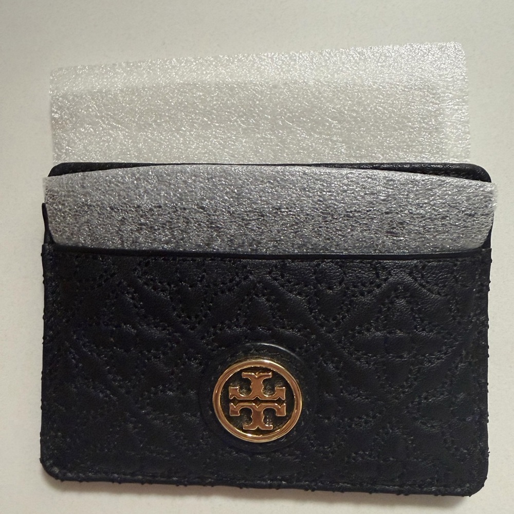 Tory Burch Black Quilted Card Holder with Gold Logo